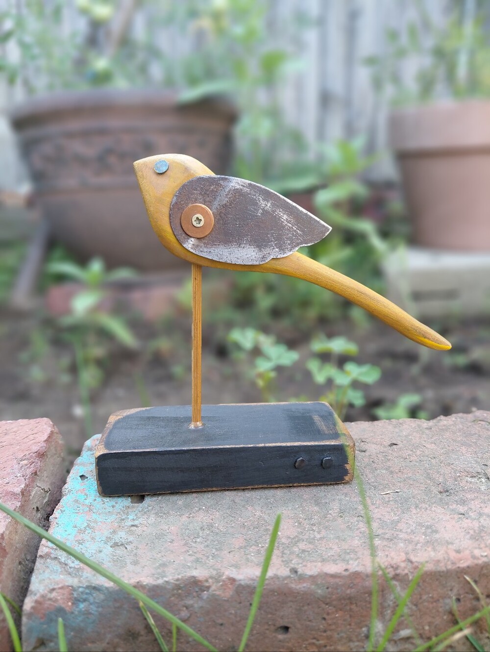 Handmade rustic wood & metal bird - 1 of 1 wooden yellow folk art figure
